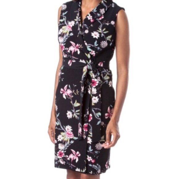 Calvin Klein Dress - Black Floral with Belt - Size 2 P Petite - Picture 2 of 8